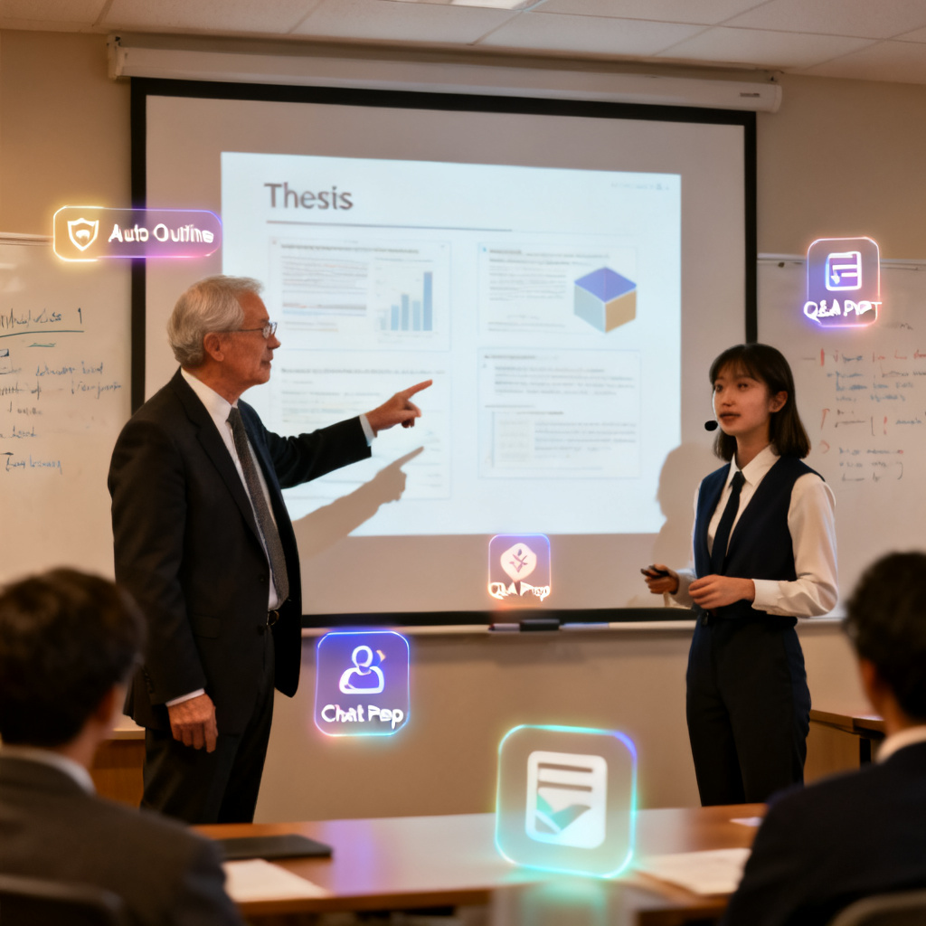 A professor pointing at a projection screen during a thesis defense, with a student confidently presenting. Small icons of ChatPPT features (like 'Auto Outline', 'Q&A Prep') float around the scene.
