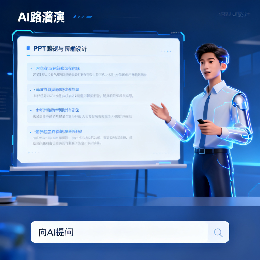 一个AI路演页面，左侧是PPT幻灯片，右侧是数字人正在讲解，底部有一个文本输入框写着“向AI提问”