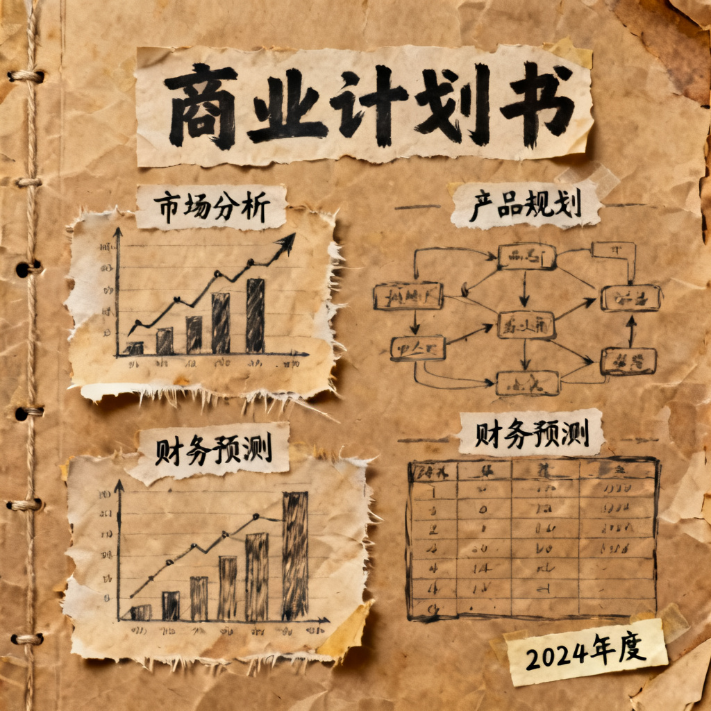 牛皮纸贴画风商业计划书,手绘元素,复古色调