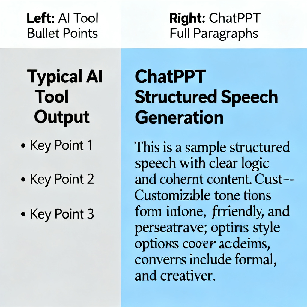 A side-by-side comparison: on the left, a typical AI tool output with bullet points only; on the right, ChatPPT's structured speech generation showing full paragraphs with customizable tone and style options