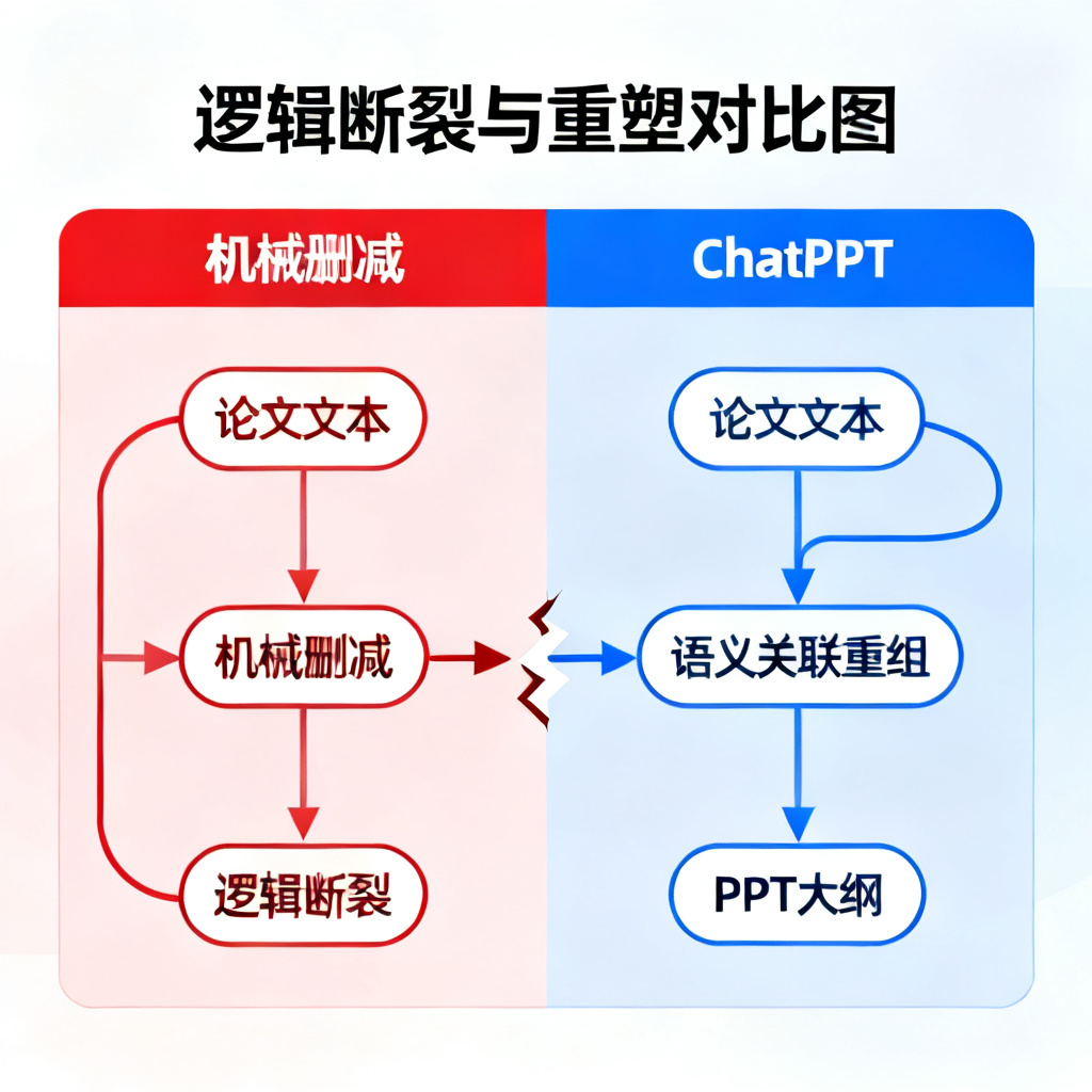 一张对比图,左侧显示机械删减导致的逻辑断裂示意图,右侧显示ChatPPT的逻辑重塑流程,用箭头和节点表示从论文文本到PPT大纲的语义关联重组过程