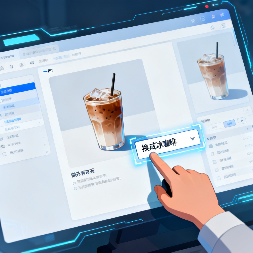 Magic涂画操作演示，用户框选PPT页面中的奶茶区域，输入替换指令“换成冰咖啡”，AI自动完成替换并保持光影一致