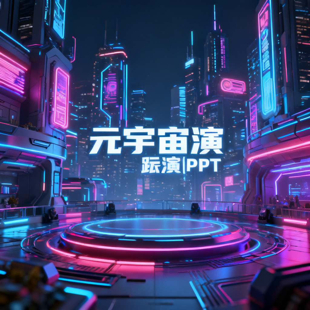 赛博朋克风格元宇宙路演PPT，霓虹灯光，未来城市，3D渲染，高细节，8K