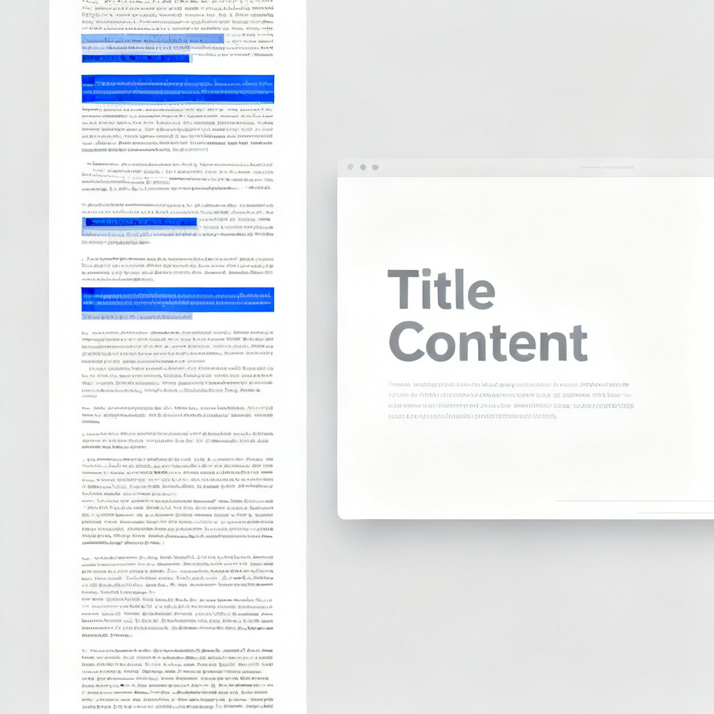 A computer screen showing a split view: left side a long academic paper with highlighted sections, right side a clean, well-structured PowerPoint slide being generated automatically, minimalist UI design, clean lines