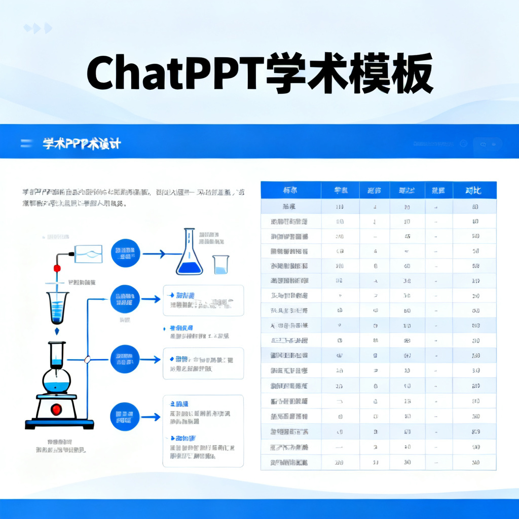 展示一个学术PPT模板的界面，左侧为清晰的实验流程图，右侧为对比数据表格，标注“ChatPPT学术模板”