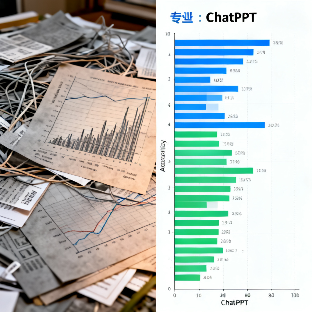 Split screen comparison, left side shows a cluttered and messy data chart, right side shows a clean and professional academic chart generated by ChatPPT, bright colors on right, dull on left