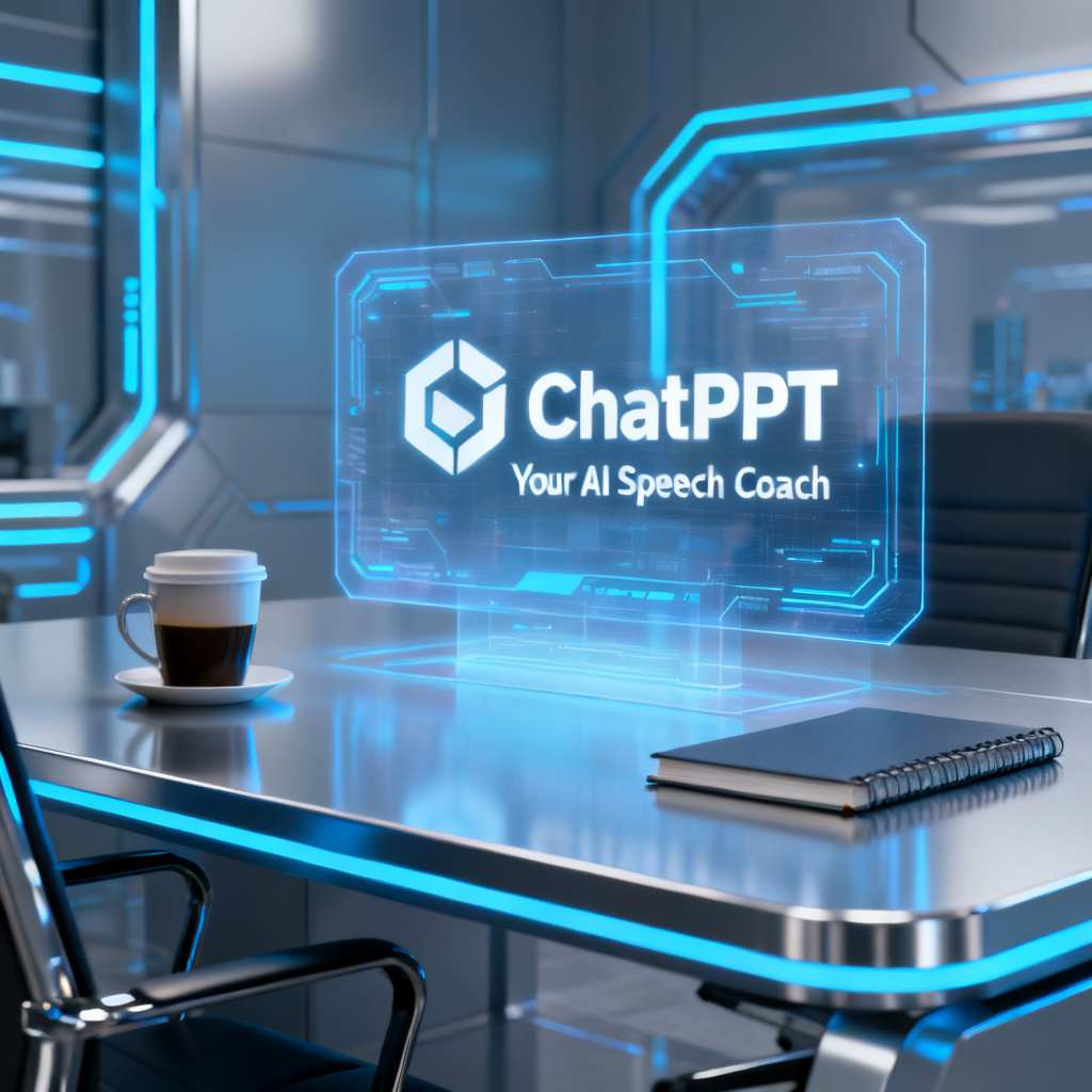 A futuristic office desk with a holographic display showing the ChatPPT logo and the phrase 'Your AI Speech Coach'. A coffee cup and a notebook are nearby.