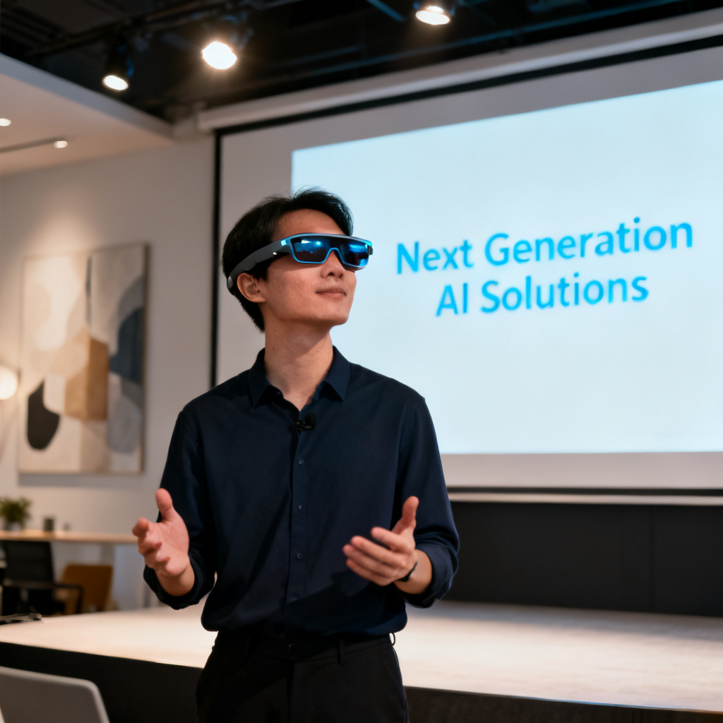 A user wearing smart glasses with text overlay, giving a presentation confidently