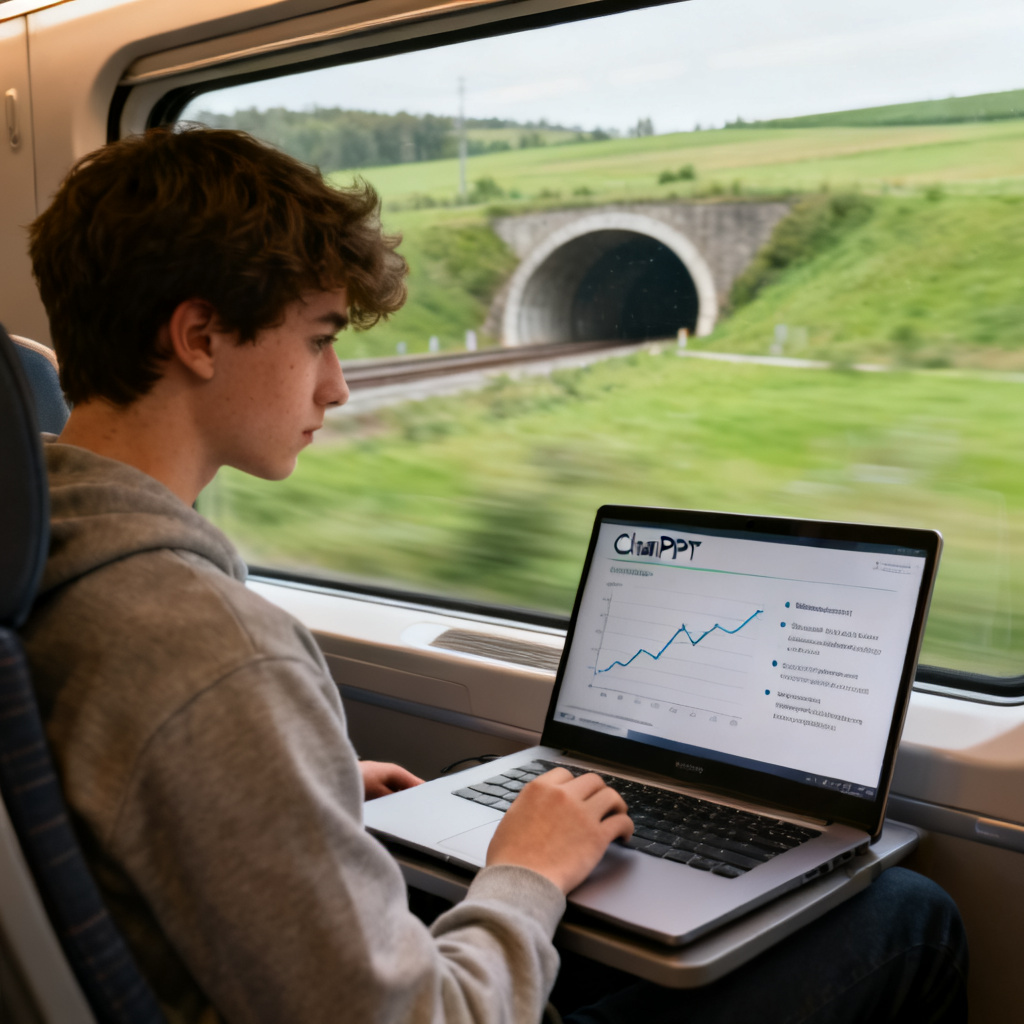 A student sitting on a high-speed train, looking at a laptop with a ChatPPT-generated presentation on the screen. Outside the window, blurred green fields and tunnels. The laptop screen shows a slide with a line chart and bullet points. The overall mood is calm and productive.