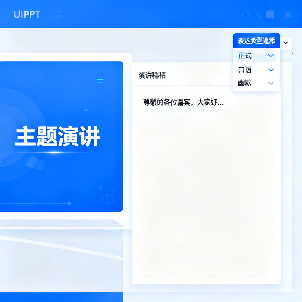 ChatPPT界面展示演讲稿生成功能，左侧是PPT页面，右侧是生成的演讲稿，带有表达类型选择下拉菜单
