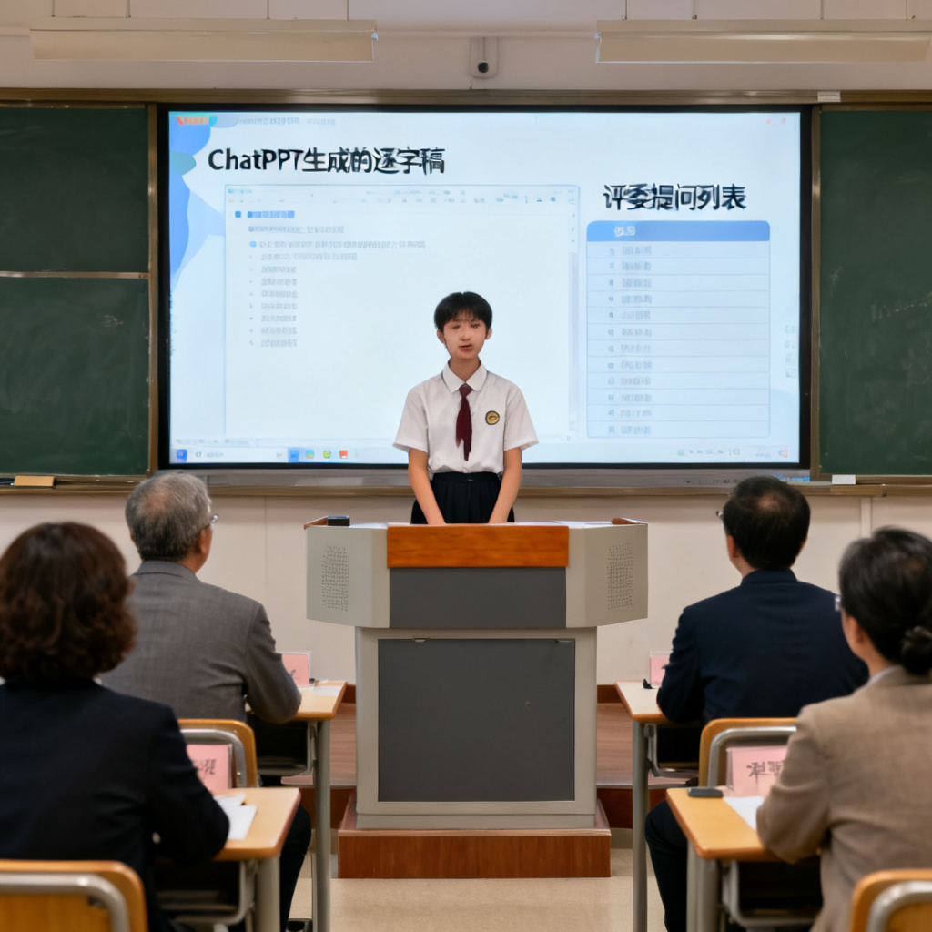 一张答辩场景模拟图,一位学生站在讲台上,屏幕显示ChatPPT生成的逐字稿和评委提问列表,周围有评审专家,氛围紧张但自信。