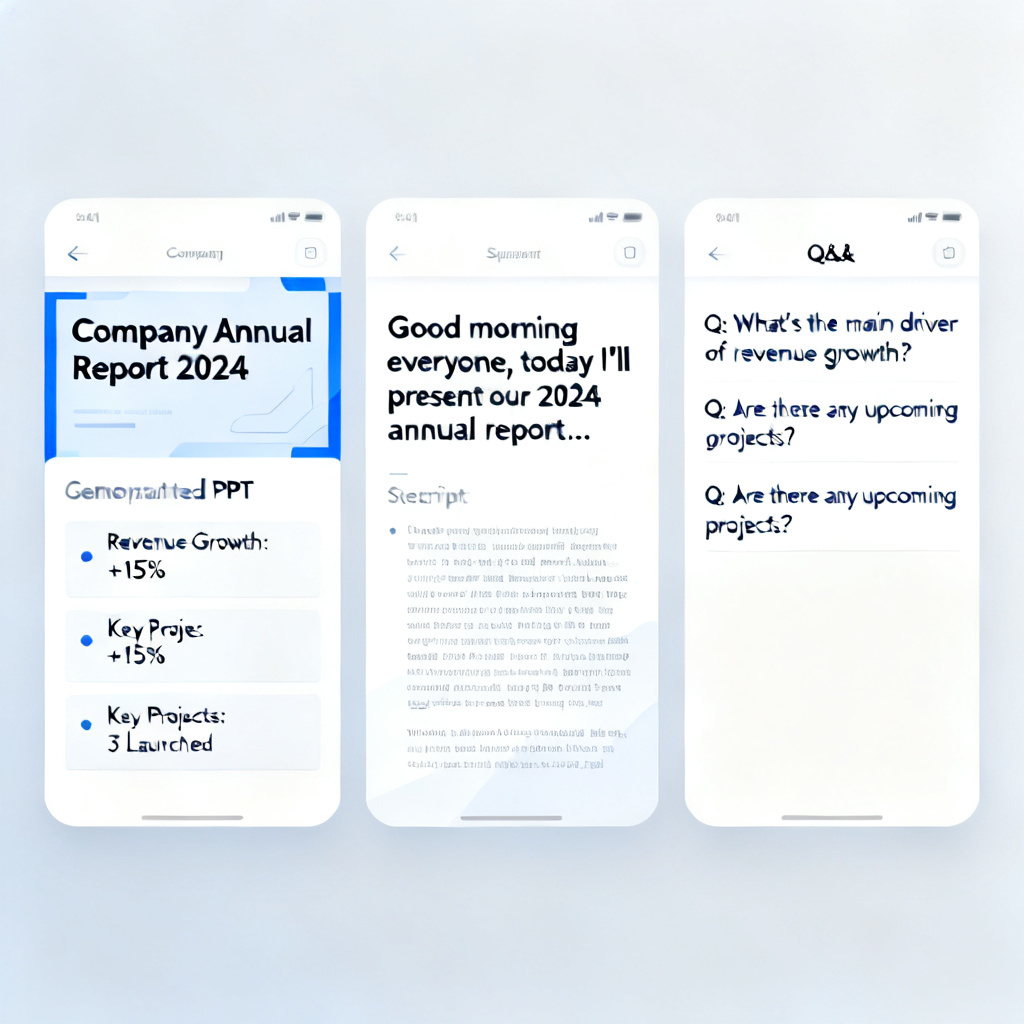 A screenshot showing ChatPPT's interface with three panels: the generated PPT slide on the left, the corresponding speech script in the middle, and a list of potential Q&A questions on the right
