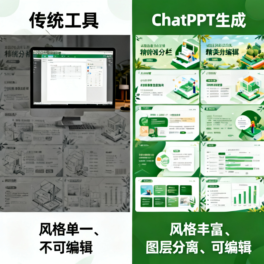 一张对比图，左侧为传统工具生成的粗糙PPT，右侧为ChatPPT生成的精美可编辑PPT，左侧标注“风格单一、不可编辑”，右侧标注“风格丰富、图层分离、可编辑”
