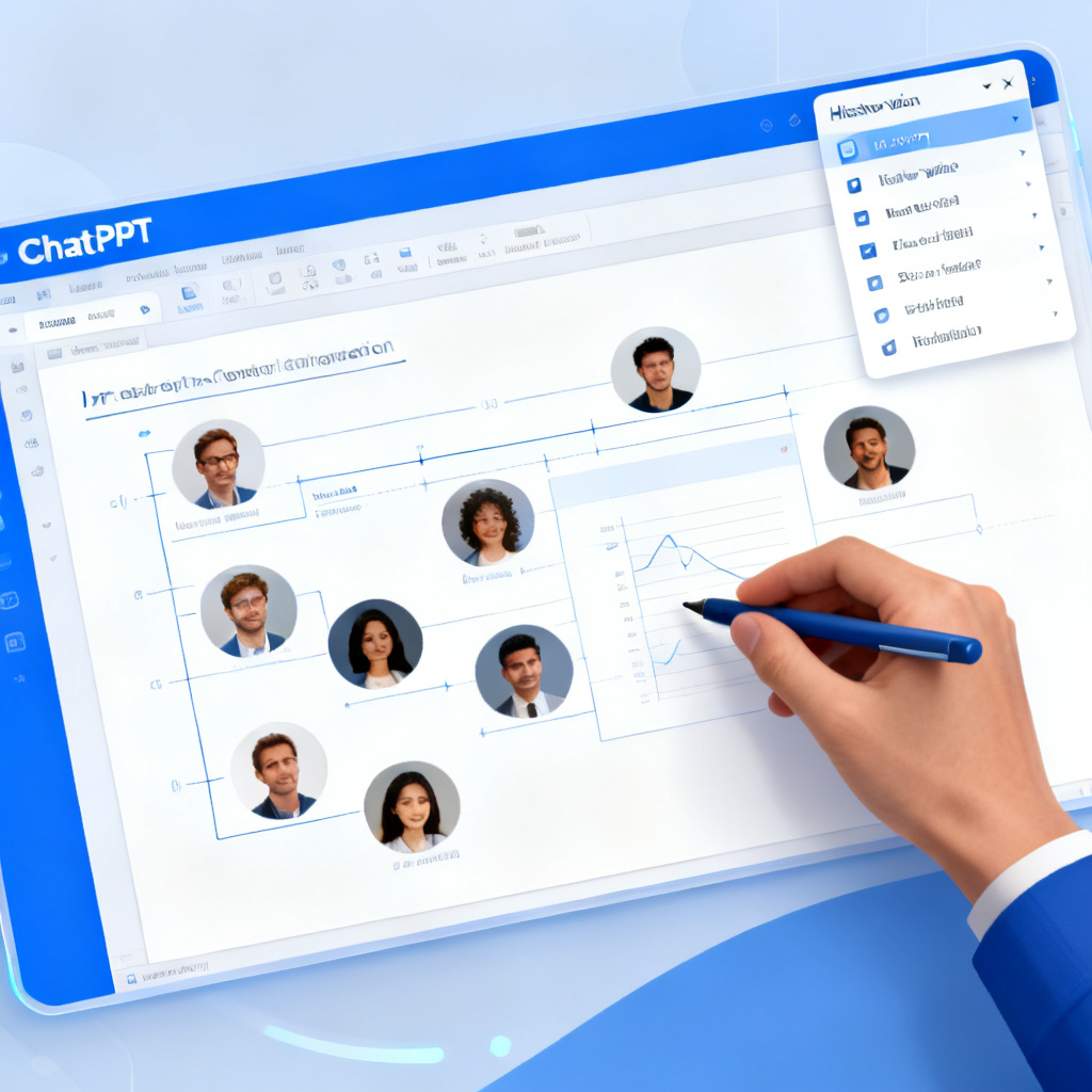 ChatPPT界面显示多人协作功能，多个用户头像在PPT编辑页面同时操作，右上角显示历史版本列表