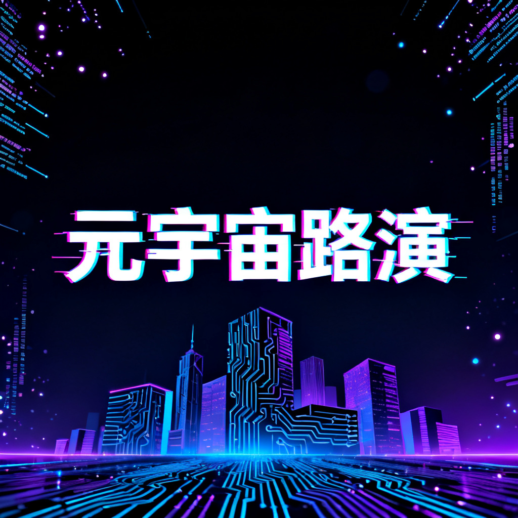 赛博朋克风格元宇宙路演PPT全览,深色背景上叠加霓虹蓝紫光效,建筑群轮廓融入电路板纹理,低角度仰视构图,标题使用带有故障艺术偏移的荧光无衬线字,页面边缘有数据流与粒子光效,整体氛围冷峻且具未来科技感,4K渲染,电影级光影