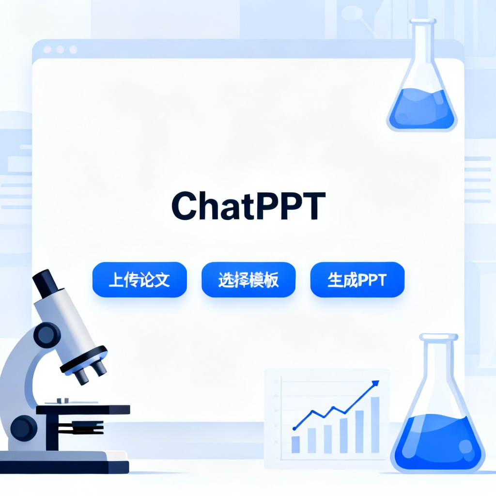 一张产品界面截图,显示ChatPPT的主页面,包含‘上传论文’、‘选择模板’、‘生成PPT’按钮,背景为学术风格的元素(如实验设备、图表),突出专业感