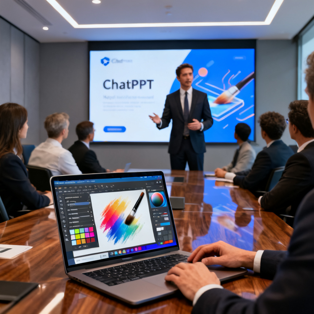 A professional presenting a visually stunning, editable slide deck to a boardroom of executives, with the ChatPPT interface visible on a laptop, showing layer editing and Magic Paint mode in action.
