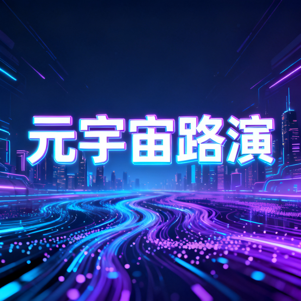 一张赛博朋克风格的元宇宙路演PPT封面，主色调为霓虹蓝与紫色，背景是未来城市天际线与数字粒子流动，标题使用几何无衬线字体，边缘带有发光效果，整体呈现科技感与动感。