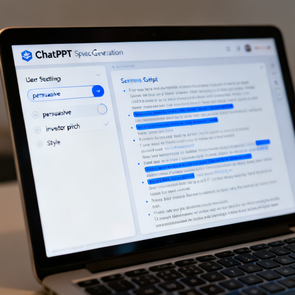 A close-up of a laptop screen showing the ChatPPT speech generation interface, with a user selecting 'persuasive' tone and 'investor pitch' style, while the right panel displays a full script with highlighted key points