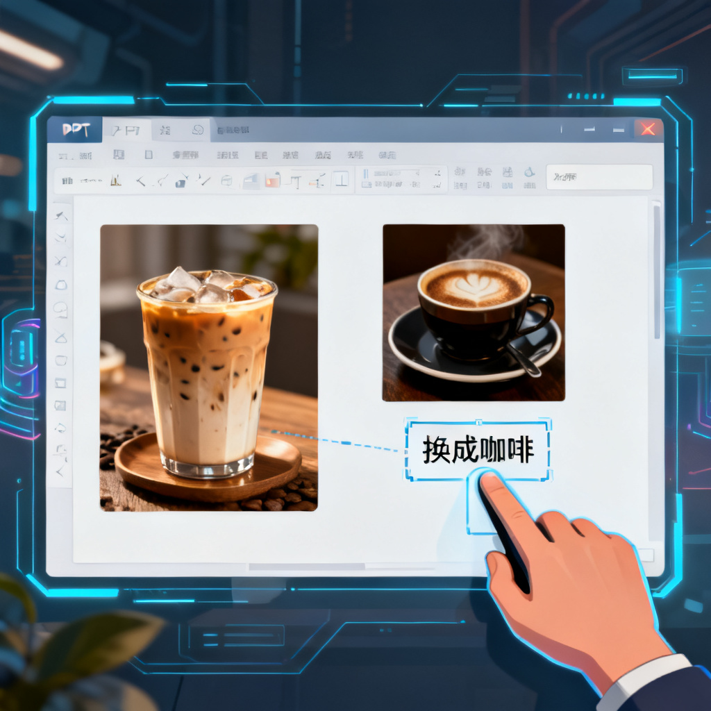 Magic涂画操作演示，用户框选PPT页面中的奶茶图片，输入“换成咖啡”，AI自动生成替换后的页面，光影和风格完全一致