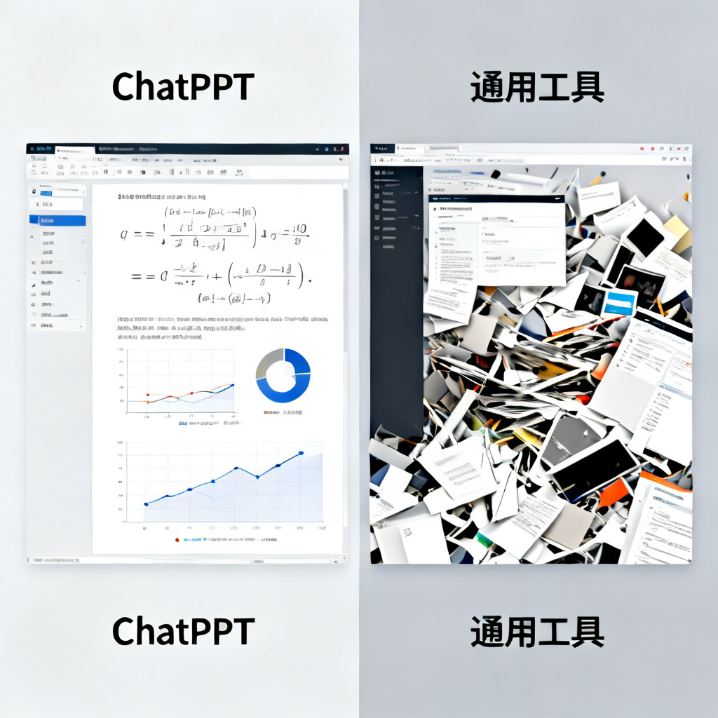 对比图：左侧是ChatPPT生成的含公式和图表的PPT页面，右侧是通用工具生成的杂乱页面