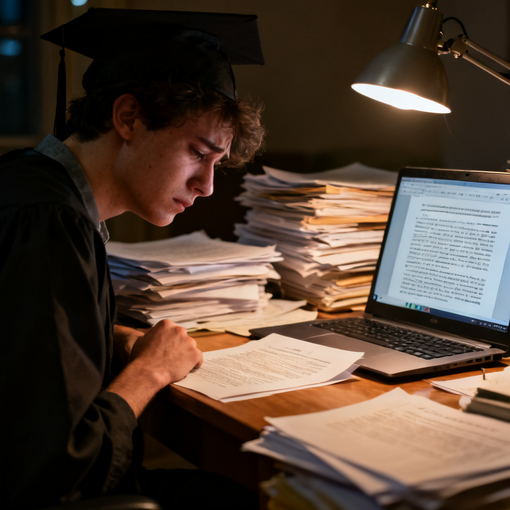 A graduate student sitting at a cluttered desk late at night, surrounded by stacks of papers and a laptop screen showing a dense academic document, looking exhausted and frustrated. The scene is dimly lit with a desk lamp, emphasizing the stress of creating a thesis presentation. Style: realistic, cinematic lighting, emotional depth.