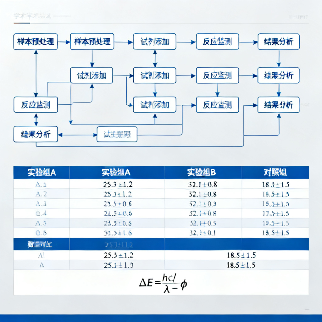 ChatPPT生成的学术PPT页面,包含复杂的实验流程图、数据对比表和公式,风格简洁严谨