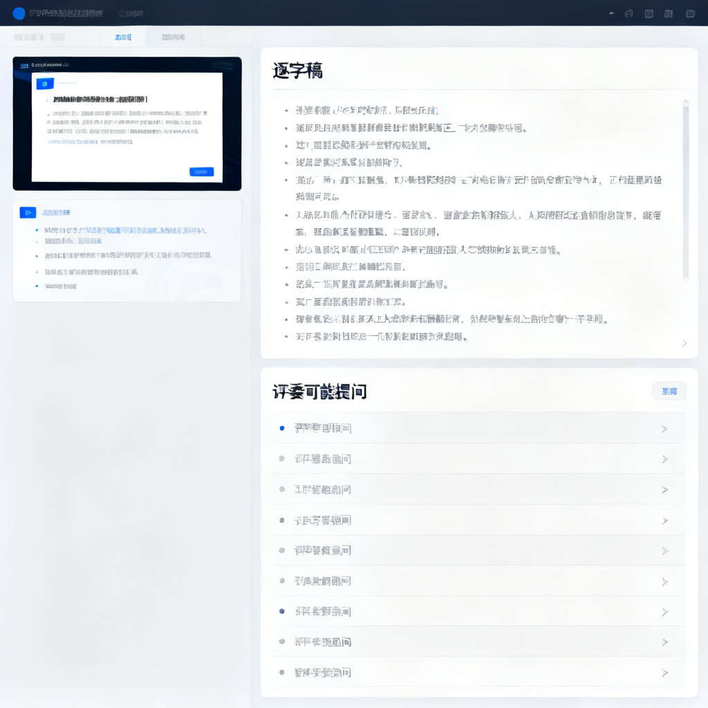 ChatPPT的答辩辅助功能界面,左侧显示PPT页面,右侧显示逐字稿与“评委可能提问”列表,界面设计清晰专业