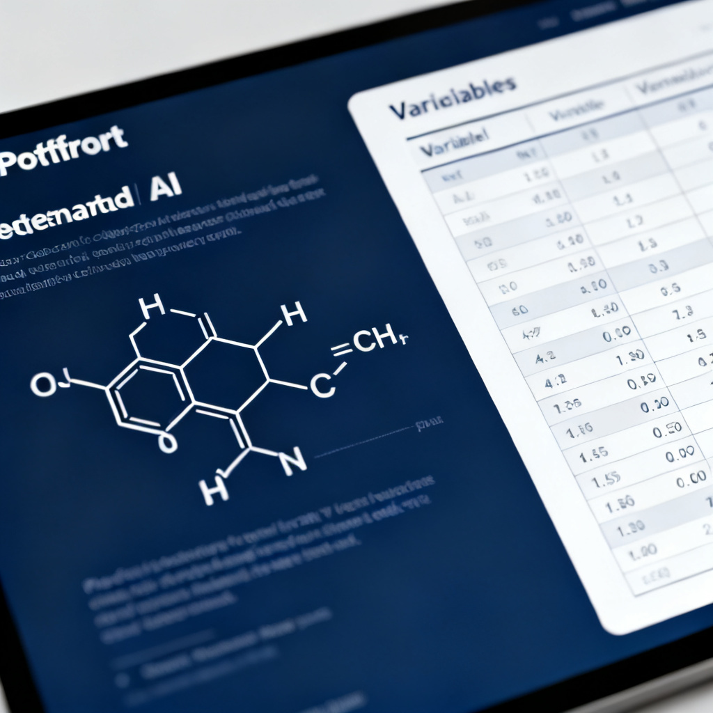 A close-up of a PowerPoint slide generated by an AI tool. It shows a complex chemical formula and a multi-variable data table, both perfectly formatted and aligned. The slide is clean, professional, and uses a dark blue and white color scheme.