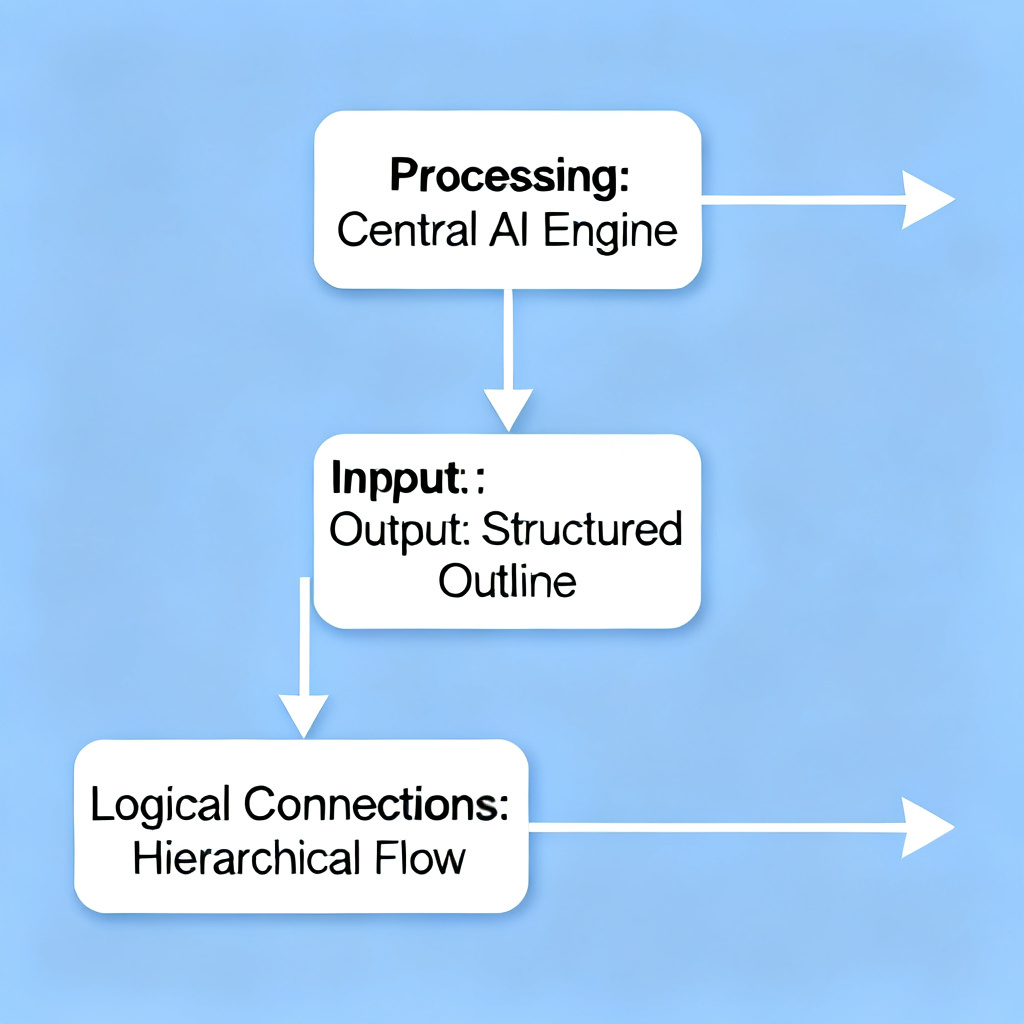 A flowchart showing a long document being processed by a central AI engine, outputting a clear, structured outline with logical connections.