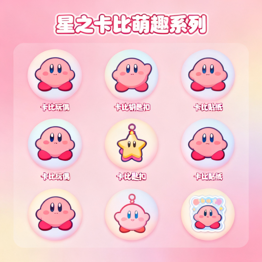 星之卡比风格的产品展示页,粉色渐变背景,卡通字体,圆润图标,可爱风格