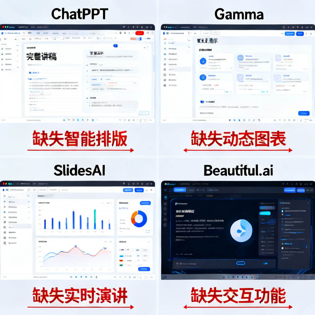 一张四分屏截图,分别展示ChatPPT(完整讲稿)、Gamma(要点提示)、SlidesAI(无演讲功能)、Beautiful.ai(仅有转场动画),每张截图下方用红色批注标注缺失的功能
