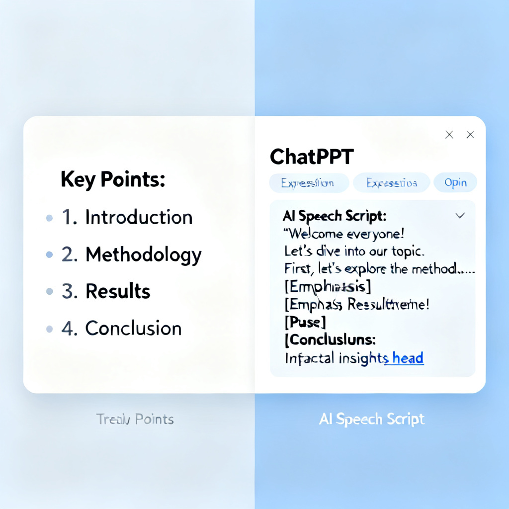 Split screen comparison: left side shows a traditional PPT with bullet points, right side shows ChatPPT's AI speech script with expressive options, clean UI design.