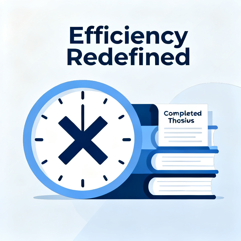 A clock icon with a large 'X' over it, symbolizing time saved, next to a stack of books and a completed thesis, with the text 'Efficiency Redefined'.