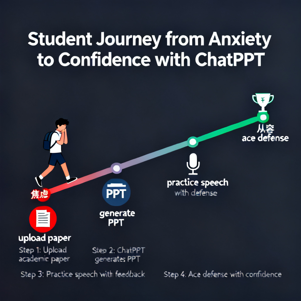 A timeline graphic showing a student's journey from '焦虑' (anxious) to '从容' (confident) with ChatPPT milestones: upload paper -> generate PPT -> practice speech -> ace defense.