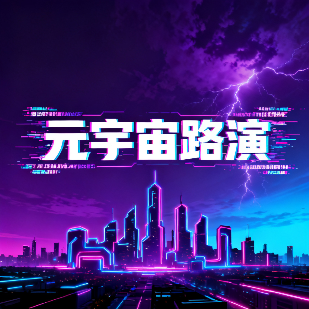 一张赛博朋克风格的PPT封面，画面中央是一座霓虹闪烁的未来城市轮廓，背景是深紫色与电蓝色的渐变天空，科技感字体显示“元宇宙路演”，边缘有故障艺术效果的文字与光效