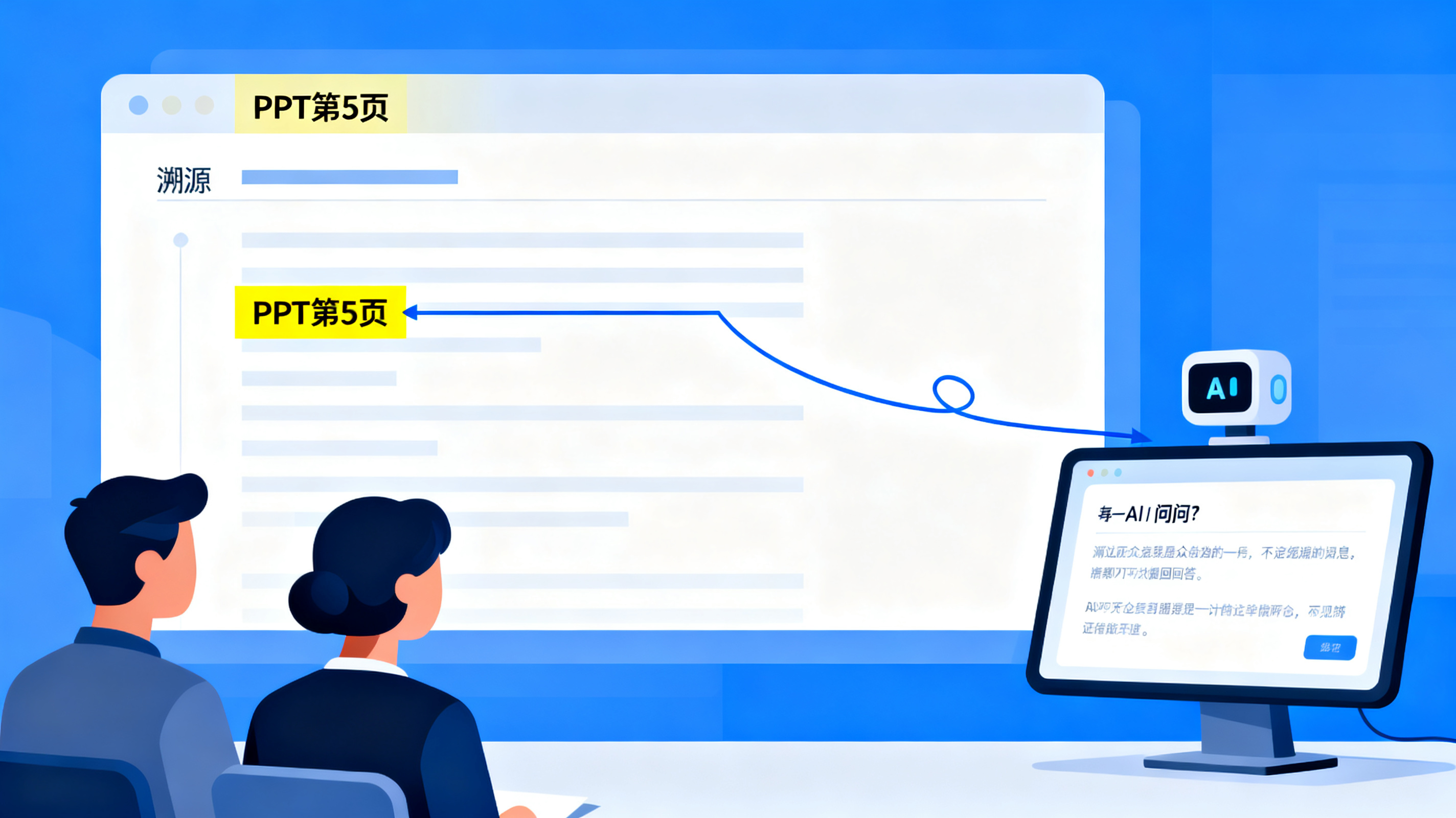听众向 AI 提问,AI 回答并高亮 PPT 页面出处,溯源连线清晰