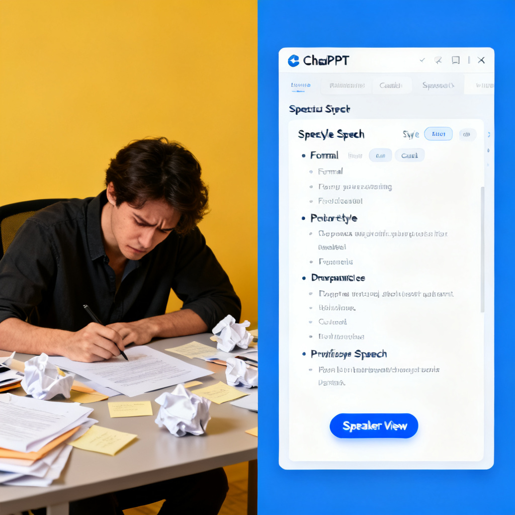A split-screen comparison showing a user struggling to write a speech script on the left, and ChatPPT's interface automatically generating a structured, multi-style speech on the right, with a 'Speaker View' button highlighted.