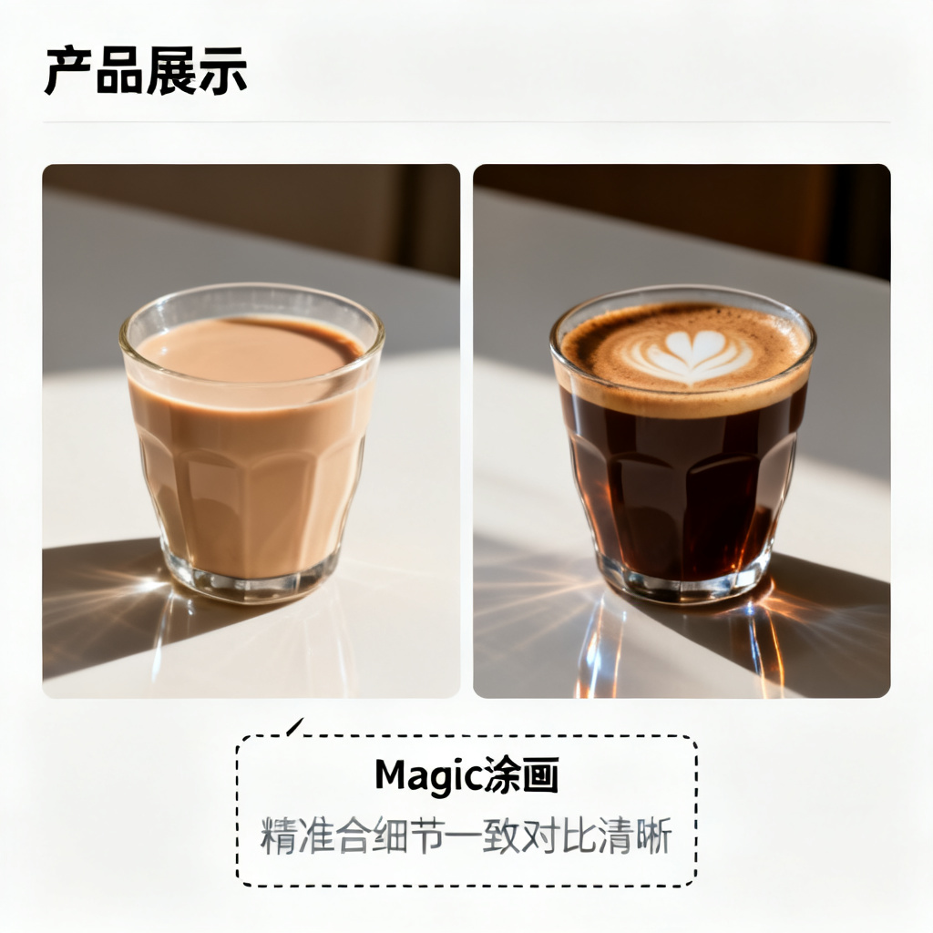 左右对比图,左侧为产品展示页中一杯奶茶的局部特写,右侧为同一构图下替换为咖啡的版本,两幅图的光影角度、阴影柔度、桌面材质反射完全一致,仅主体物不同,展示AI局部重绘的精准融合能力,页面下方有“Magic涂画”操作框选区域的虚线示意