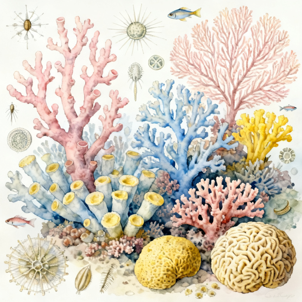 A watercolor illustration of a coral reef, with delicate brushstrokes and soft pastel colors, featuring various marine microorganisms in a scientific layout, 300 DPI, high detail.