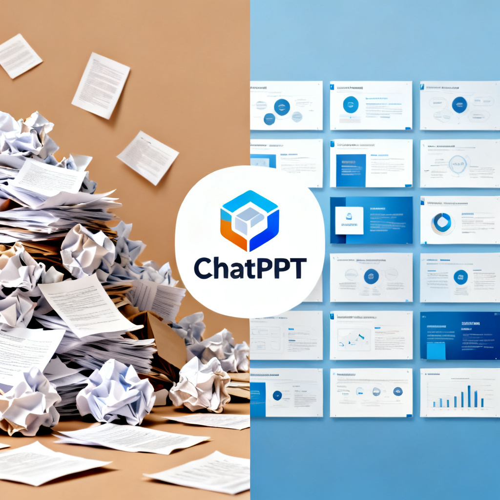 A before-and-after visual: a messy pile of paper on the left transforms into a polished presentation on the right, with the ChatPPT logo in the center