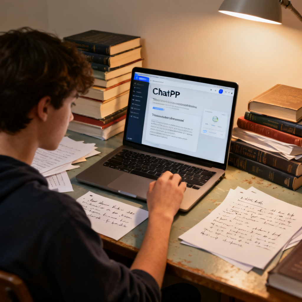 A student working on a thesis presentation, with a laptop showing ChatPPT interface, surrounded by books and papers, realistic style, soft lighting