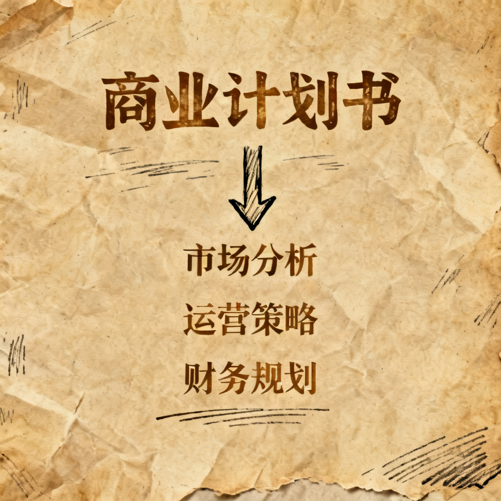 牛皮纸贴画风格的商业计划书PPT，带有手绘元素和复古字体，页面中包含手绘箭头和纸张纹理背景