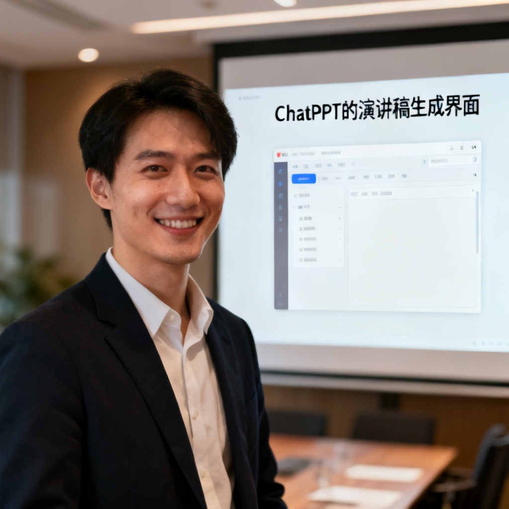 一位职场人士站在会议室投影幕布前，幕布上显示ChatPPT的演讲稿生成界面，表情自信，背景模糊突出人物