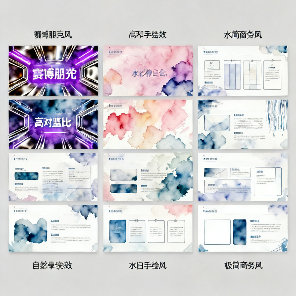 三张不同风格的PPT页面并列展示，分别是赛博朋克风、水彩手绘风、极简商务风，均保持高质量与一致性