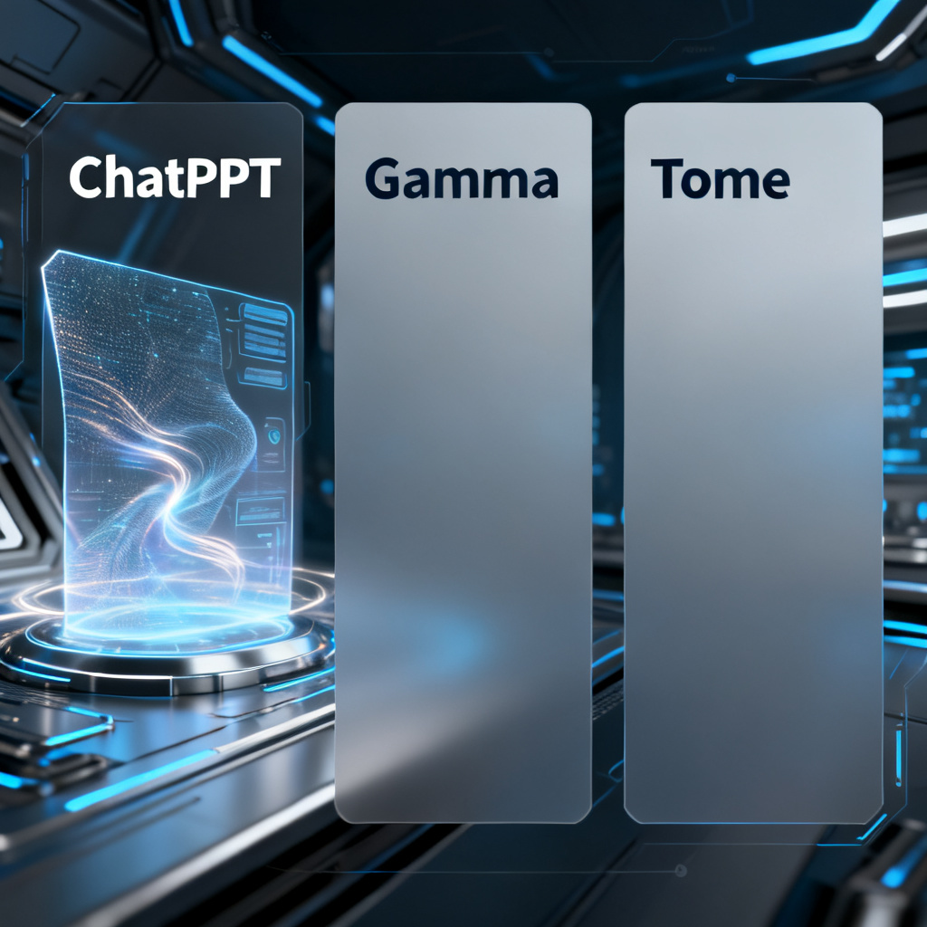 三种工具生成的未来科技风格产品介绍页对比,ChatPPT页面具有全息投影纹理与动态光效,Gamma与Tome页面较为平淡