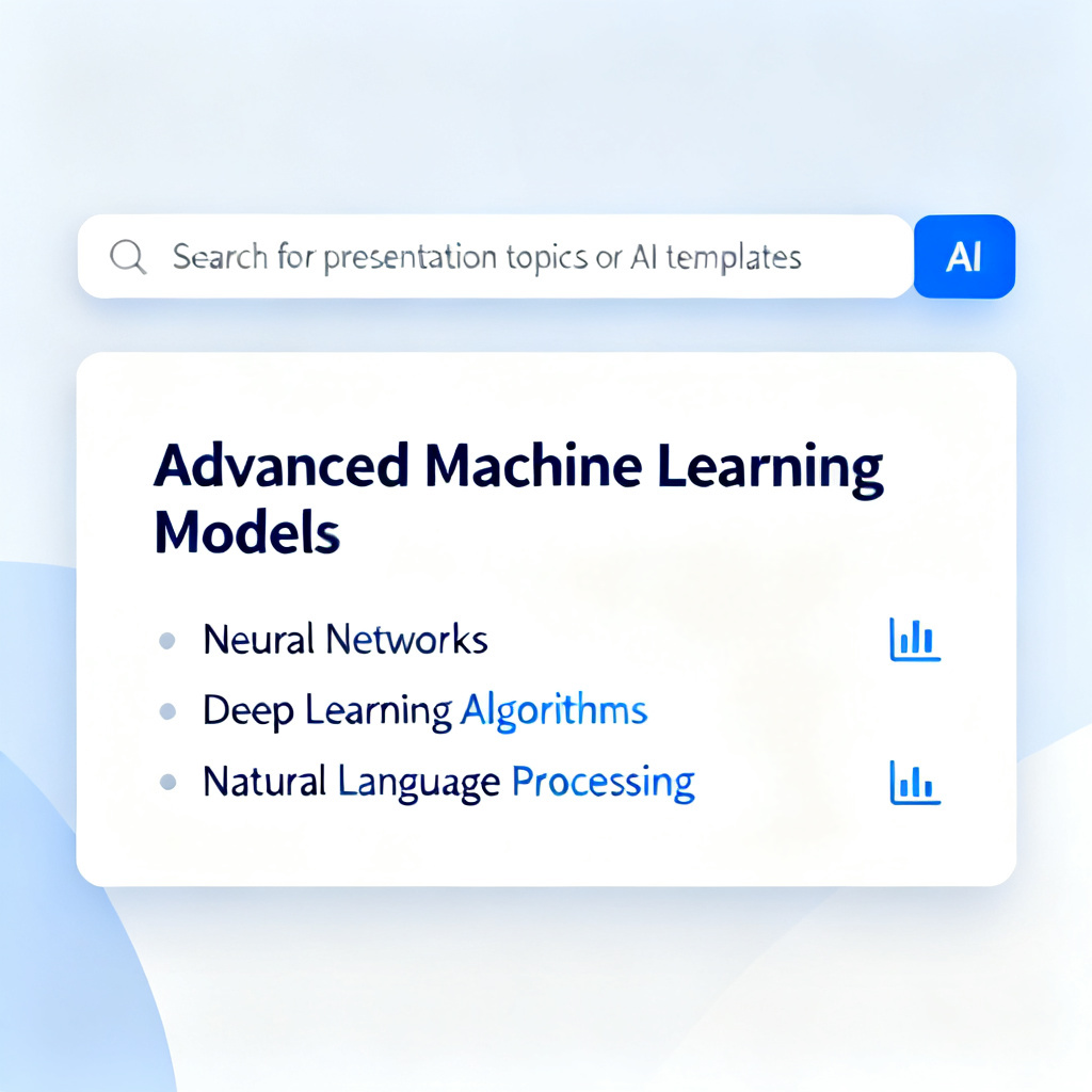 The homepage of a modern AI-powered presentation tool, featuring a clean interface, a prominent search bar, and a sample academic slide.