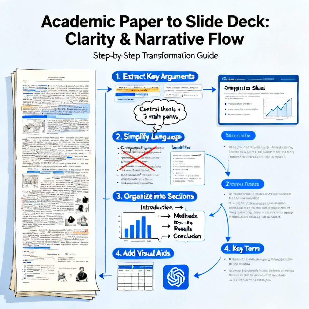 A detailed infographic showing a long academic paper being transformed into a concise, logically-structured slide deck, with a focus on clarity and narrative flow.