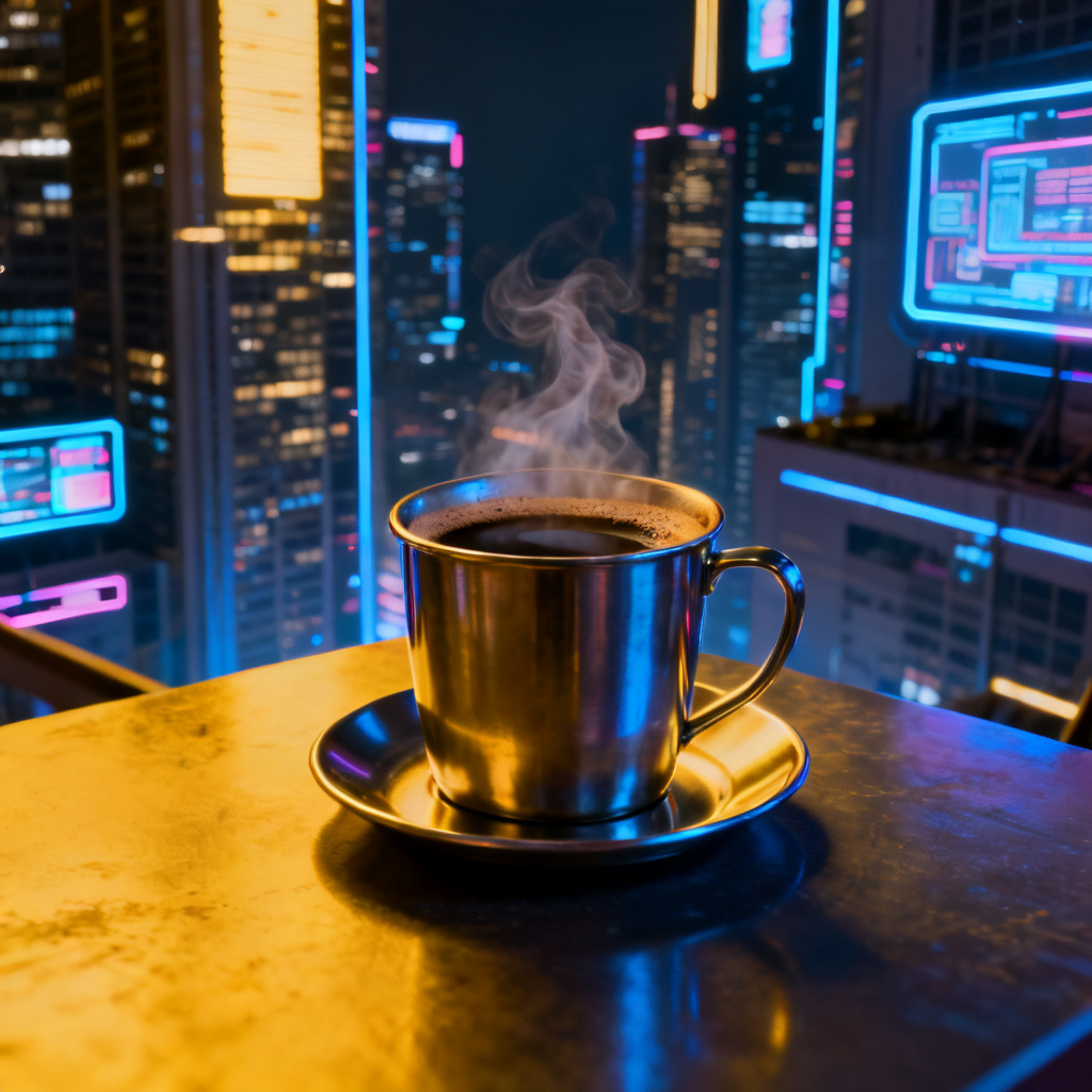 将PPT页面中的奶茶替换为热美式咖啡,保持原有赛博朋克风格的光影与色调