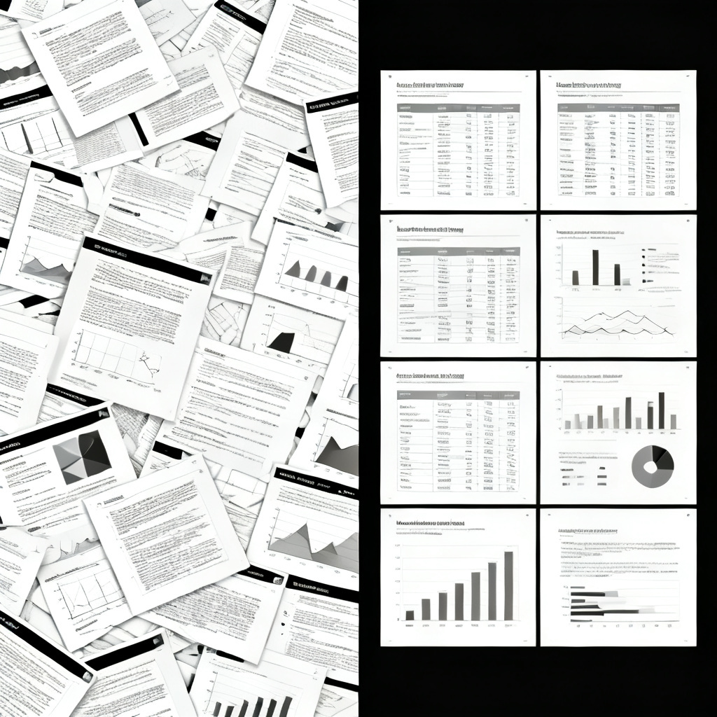 Split screen comparison: left side shows messy, unformatted slides with scattered text and graphs; right side shows clean, professional academic slides with well-organized data tables and charts. High contrast.